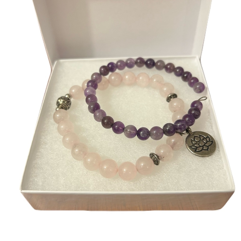 Set of 2 Semiprecious Stackable Bracelets Rose Quartz 6mm and Amethyst 4mm